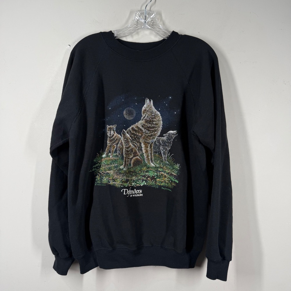 Vintage Hanes Defenders of Wildlife Wolf Howling Sweatshirt Black Made in USA L